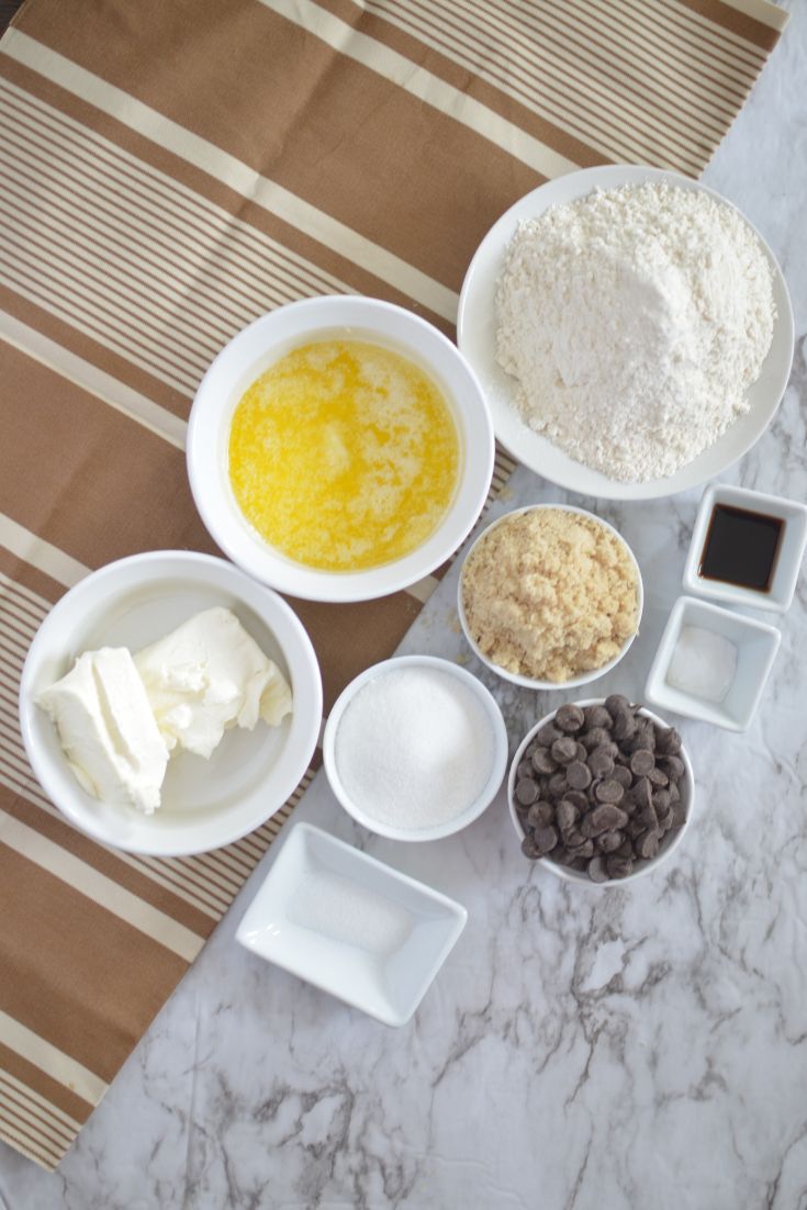 Shows the list of ingredients to making cream cheese chocolate chip cookies.